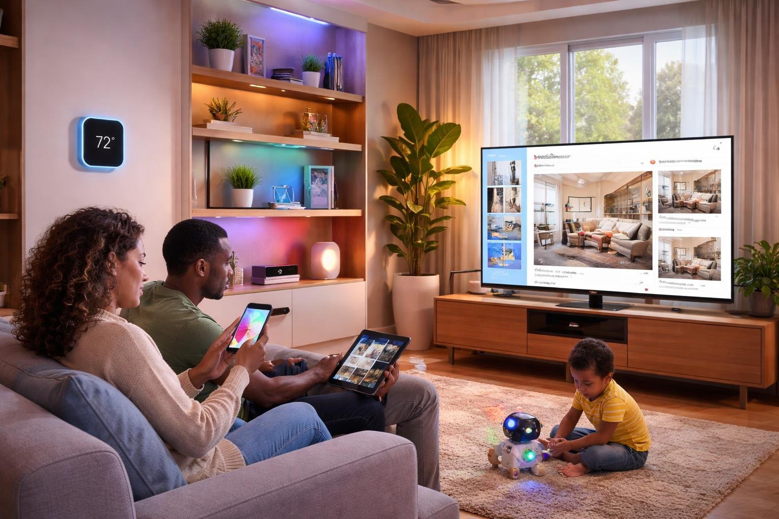 A family in a modern living room using smart home devices like a smartphone, tablet, and smart speakers surrounded by contemporary furniture and natural light.