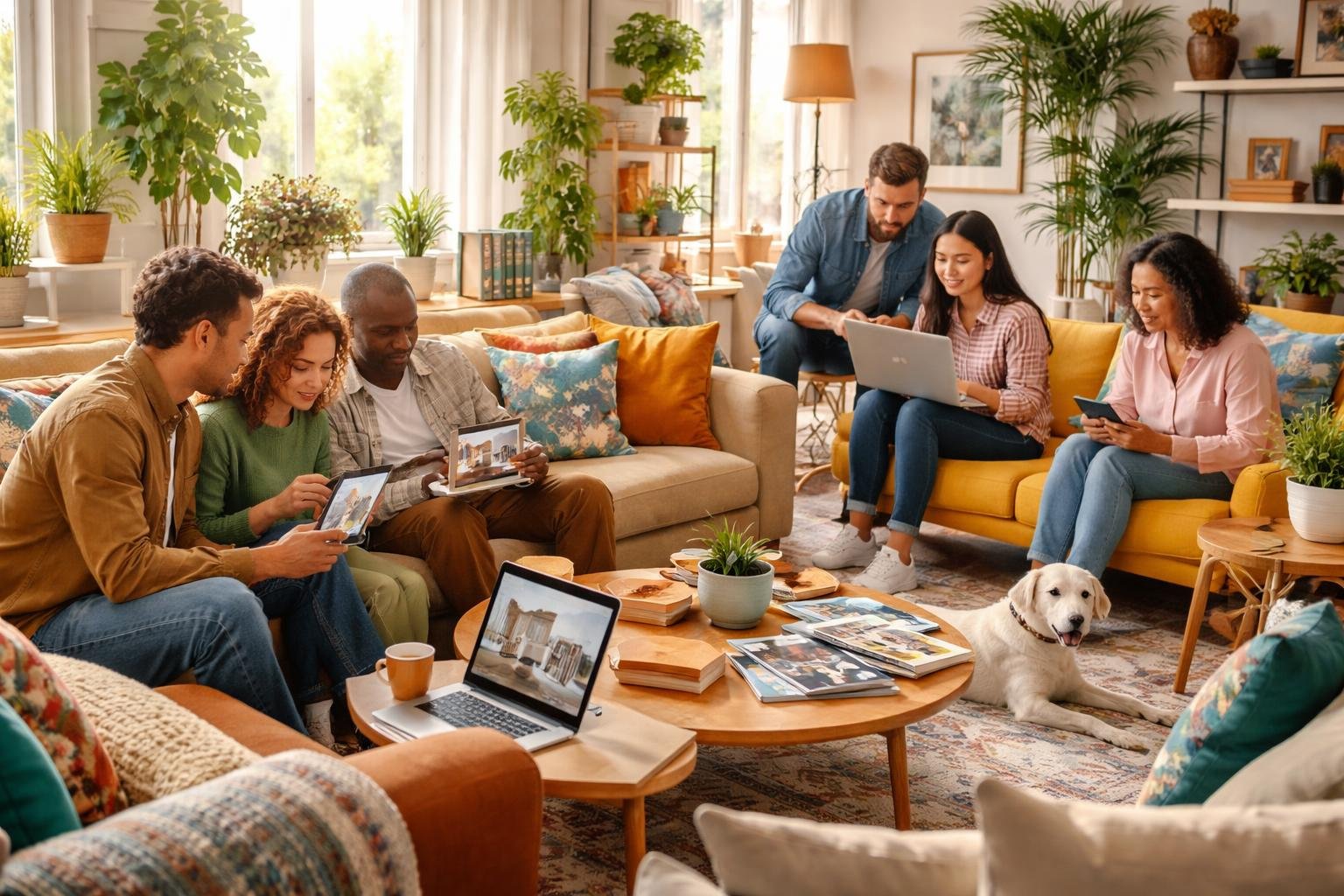 A diverse group of people in a modern living room using smartphones and laptops, surrounded by stylish and colorful home decor.