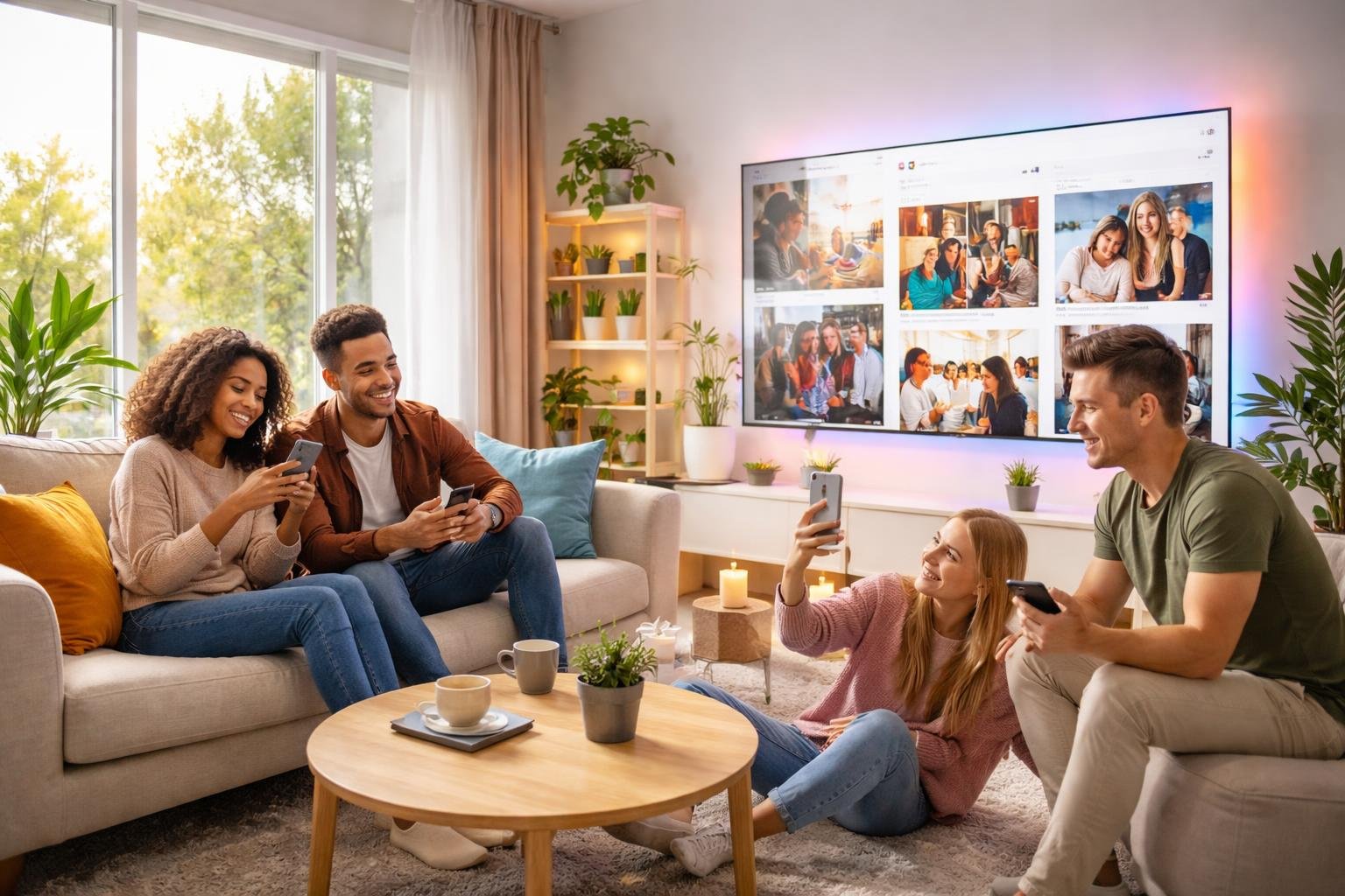 A modern living room with a cozy seating area, smart devices, and people using smartphones.