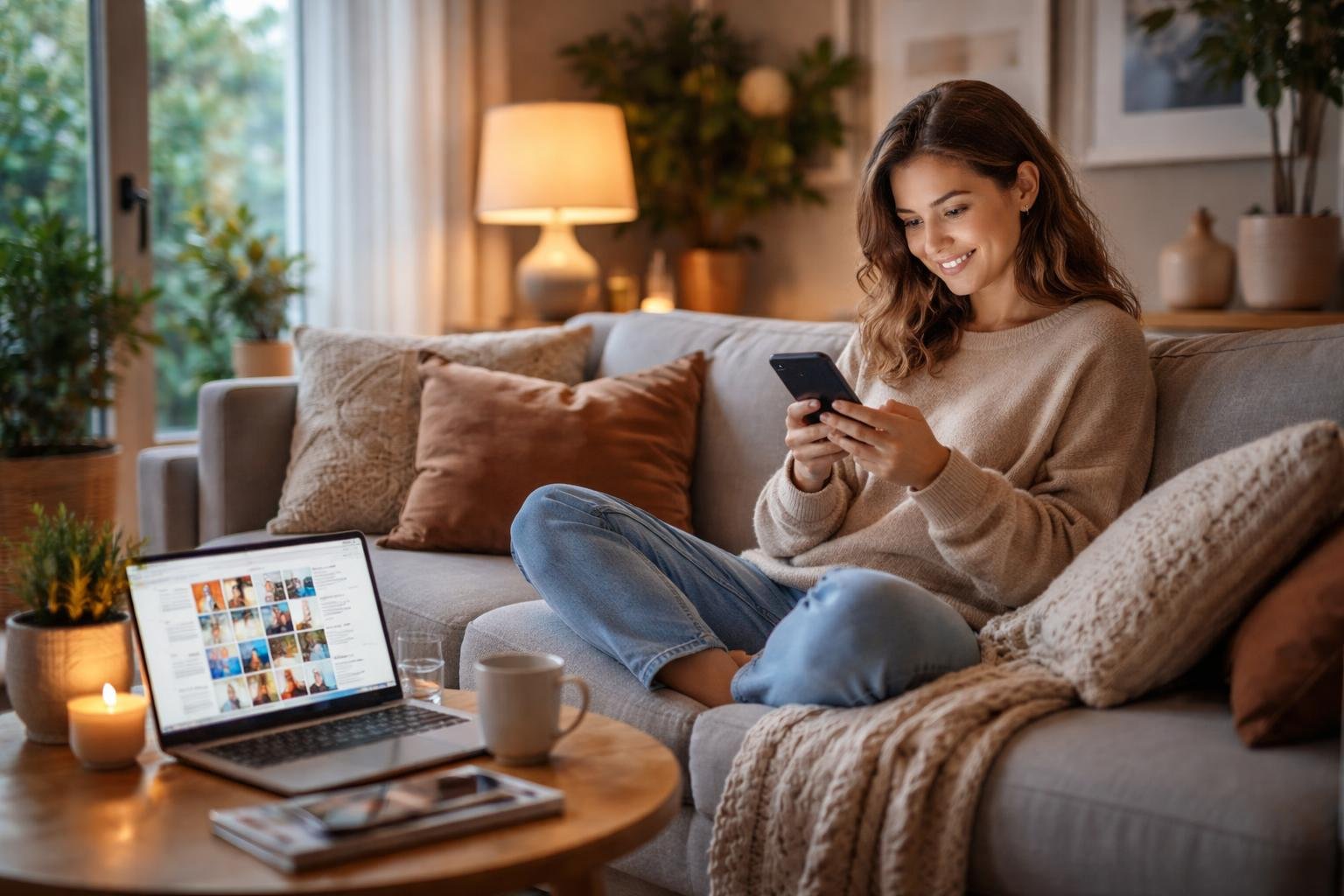 A young adult sitting on a sofa in a modern living room, holding a smartphone with a laptop on a coffee table and natural light coming through a window.