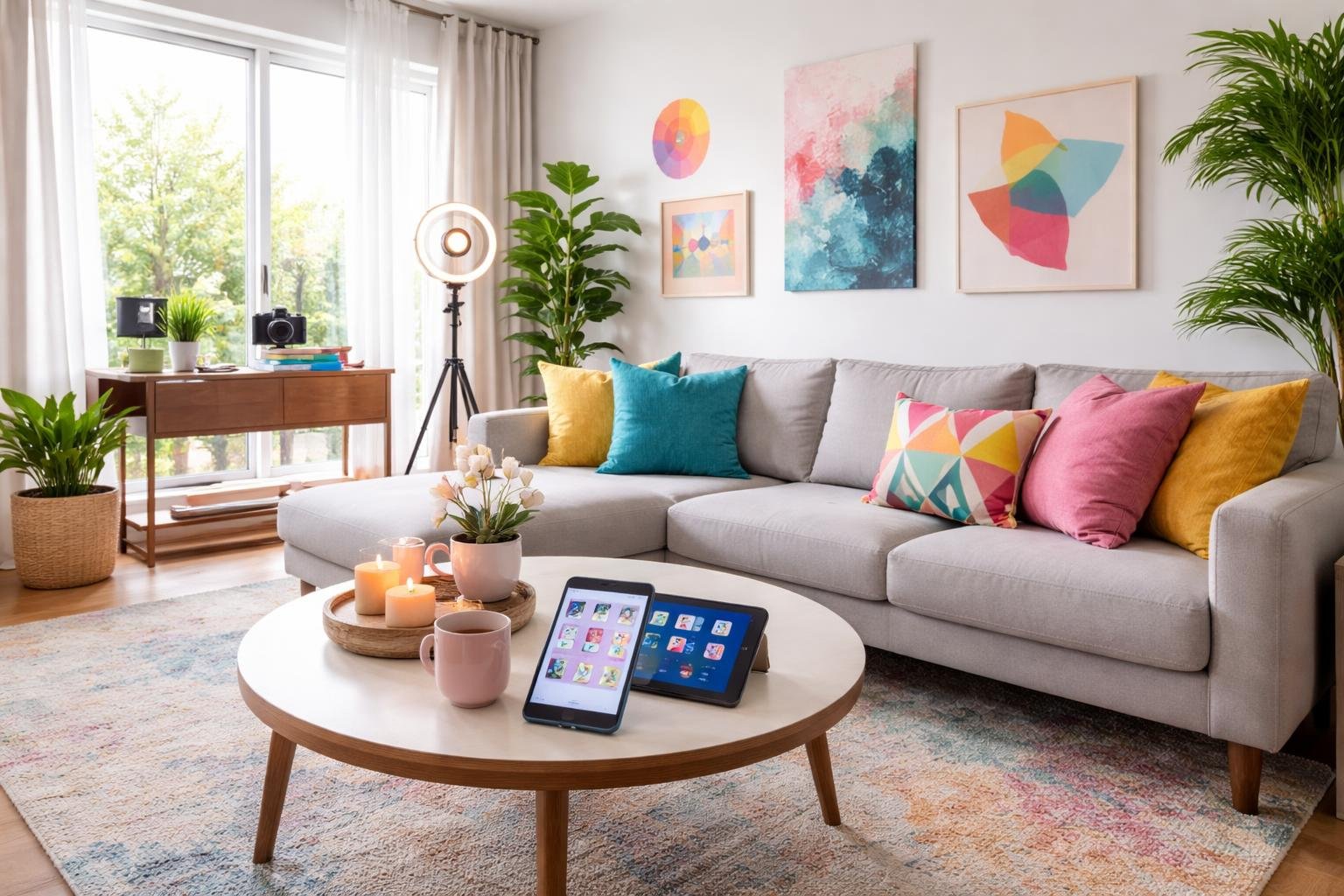 A modern living room with stylish furniture, colorful decor, natural light, and digital devices on a coffee table suggesting social media influence.