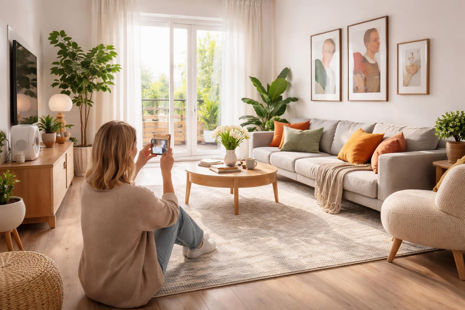 A bright modern living room with stylish furniture and plants, a person using a smartphone inside the space.