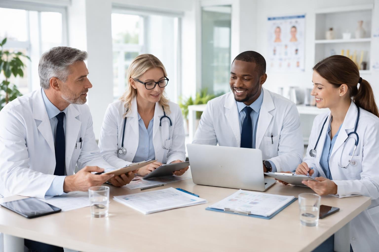 Quatre médecins professionnels discutant ensemble dans une salle de consultation médicale moderne et lumineuse.