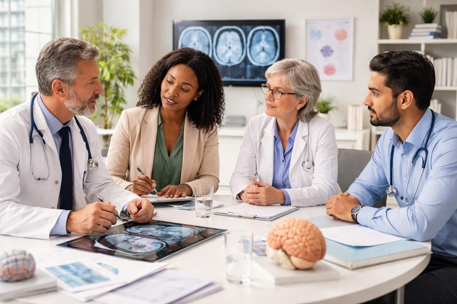 Quatre professionnels de santé discutent ensemble autour d'une table dans une salle de consultation médicale moderne.