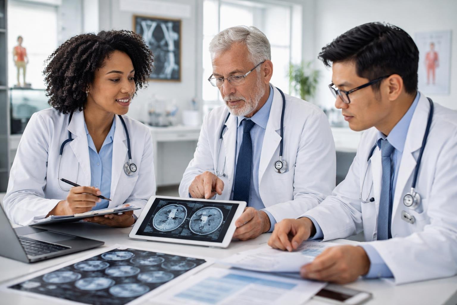 Un groupe de spécialistes médicaux discutant ensemble dans une clinique moderne, avec des documents et des équipements médicaux autour d'eux.