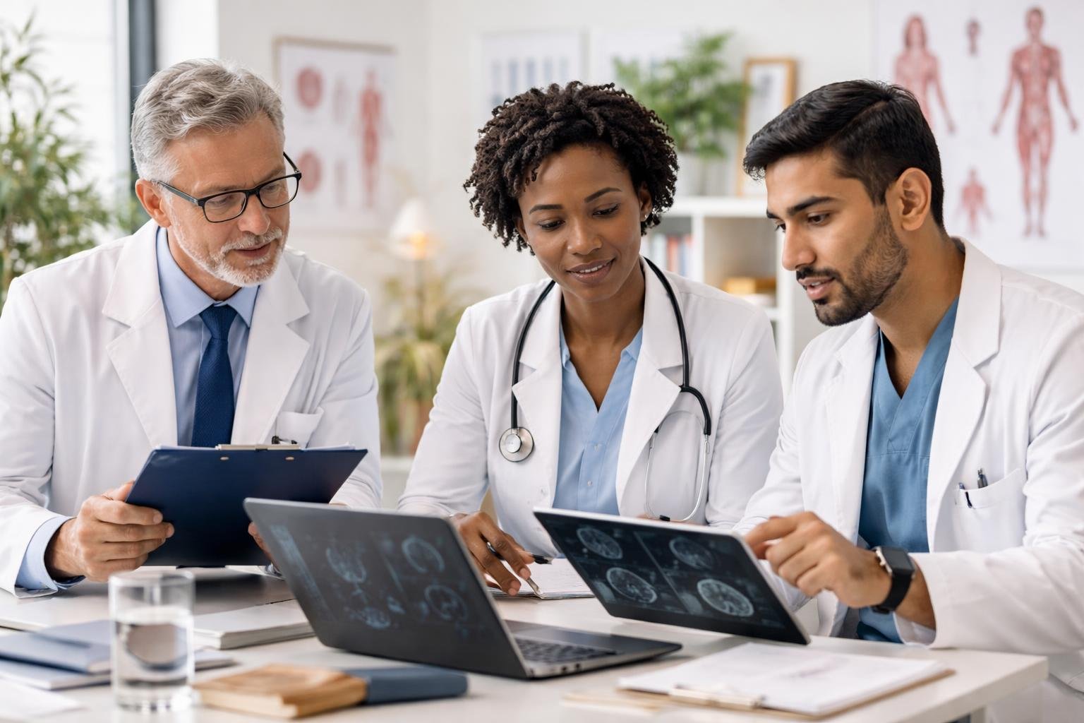 Un groupe de professionnels médicaux discutant ensemble dans une salle de consultation moderne.