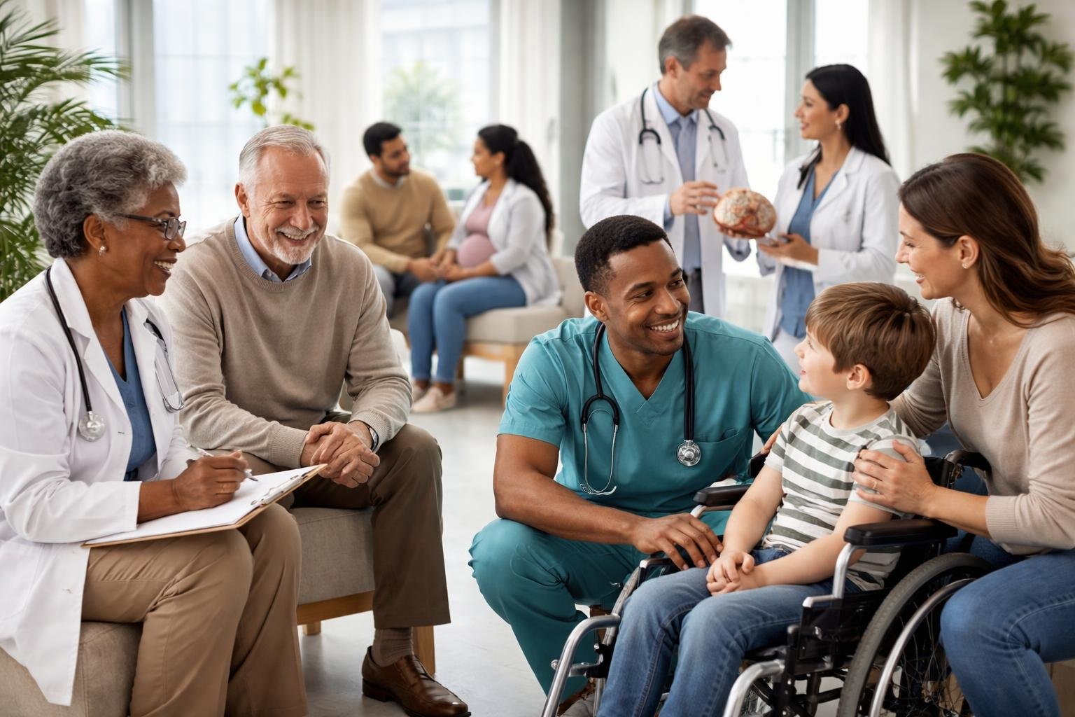 Des professionnels de santé divers discutent avec des patients dans une salle de clinique lumineuse et accueillante.