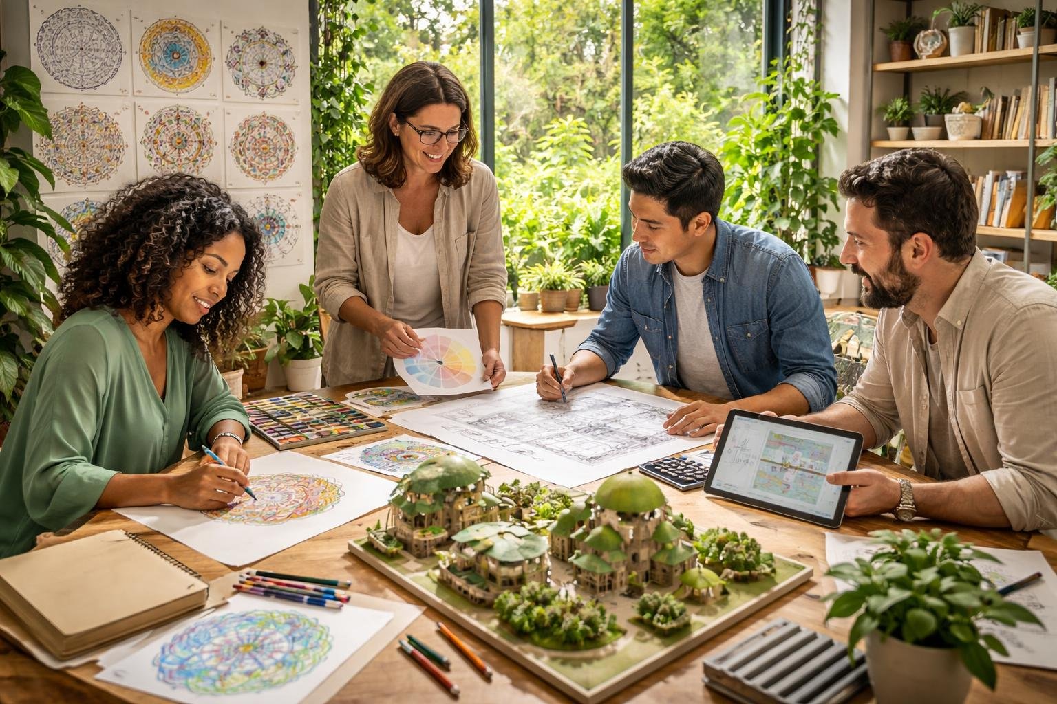 Quatre professionnels collaborant autour d'une grande table dans un studio lumineux avec des mandalas, des plans architecturaux et des plantes, travaillant ensemble de manière concentrée.