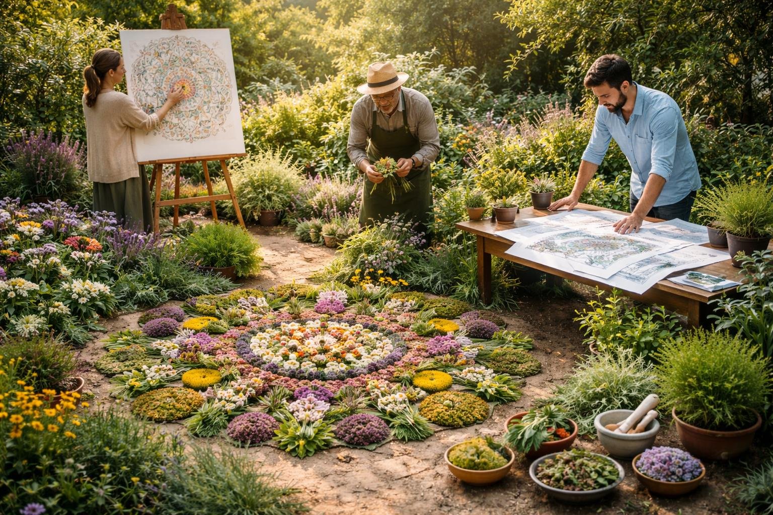 Un jardin paisible avec des plantes médicinales disposées en motifs mandala, un art-thérapeute dessinant, un spécialiste observant les plantes, et un architecte examinant des plans.