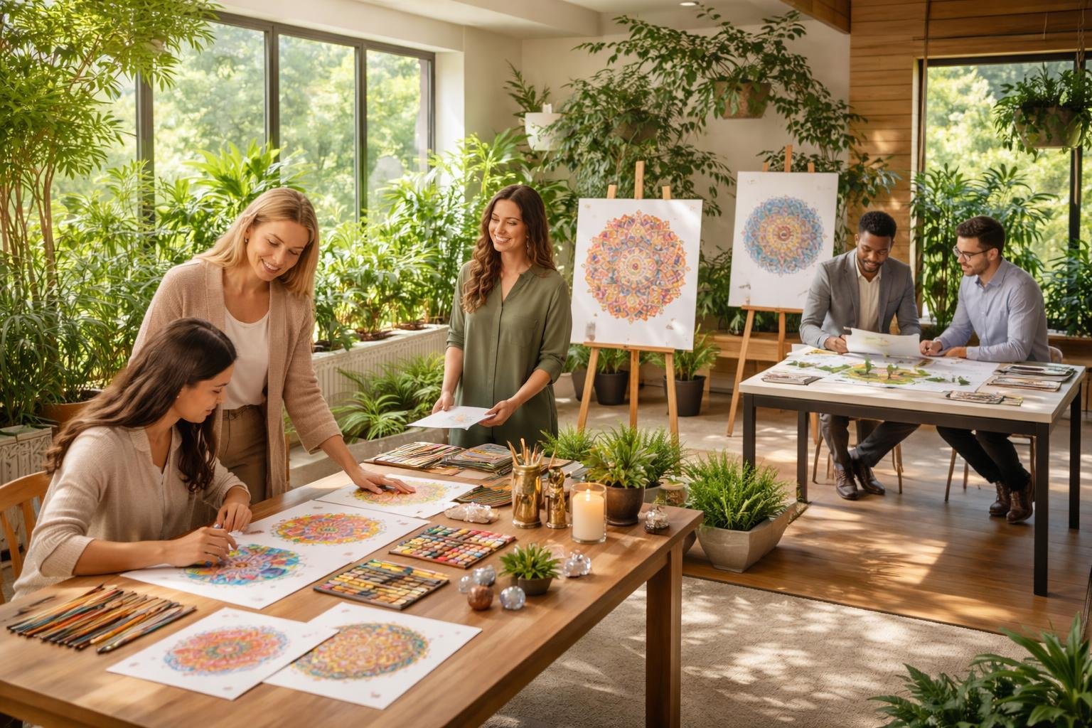 Un espace intérieur paisible avec un art-thérapeute et un spécialiste des mandalas travaillant sur des mandalas, tandis qu'un architecte et un urbaniste discutent de plans autour d'une table, entourés de plantes et de lumière naturelle.