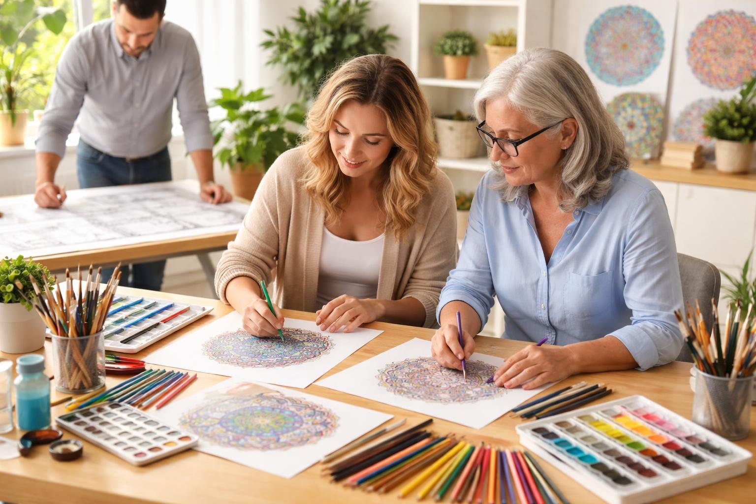 Un thérapeute d'art et un spécialiste des mandalas travaillent ensemble à une table avec des fournitures artistiques et des dessins de mandalas, tandis qu'un architecte examine des plans dans une pièce lumineuse avec des plantes et des œuvres d'art.