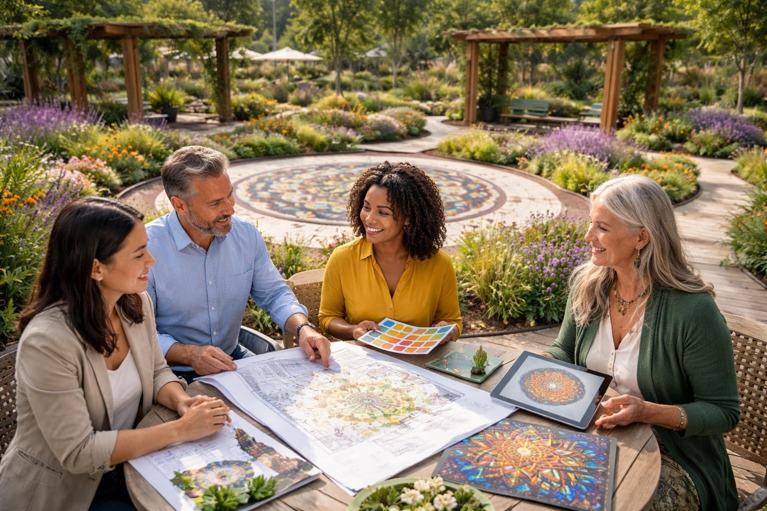 Un groupe de professionnels discutant dans un jardin thérapeutique avec des formes géométriques et des plantes.