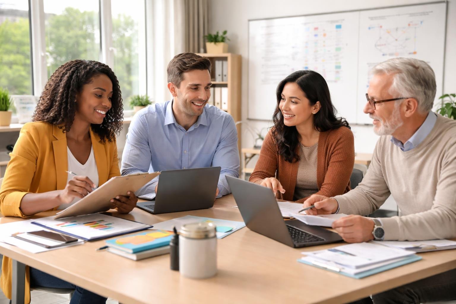 Un groupe diversifié de professionnels de l'éducation en formation collaborative dans une salle de classe moderne et lumineuse.