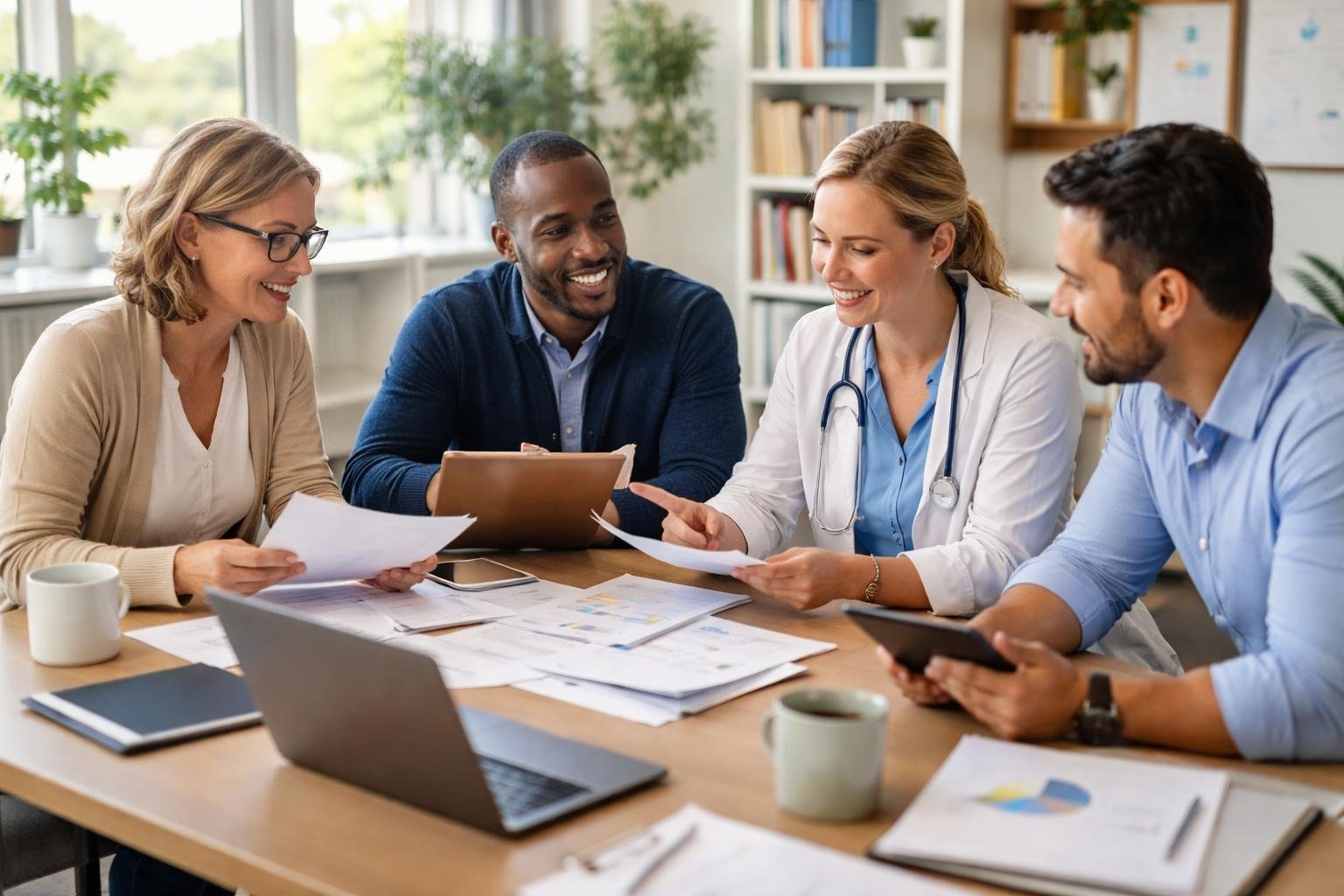 Quatre professionnels de différents domaines discutent ensemble autour d'une table dans un bureau lumineux.