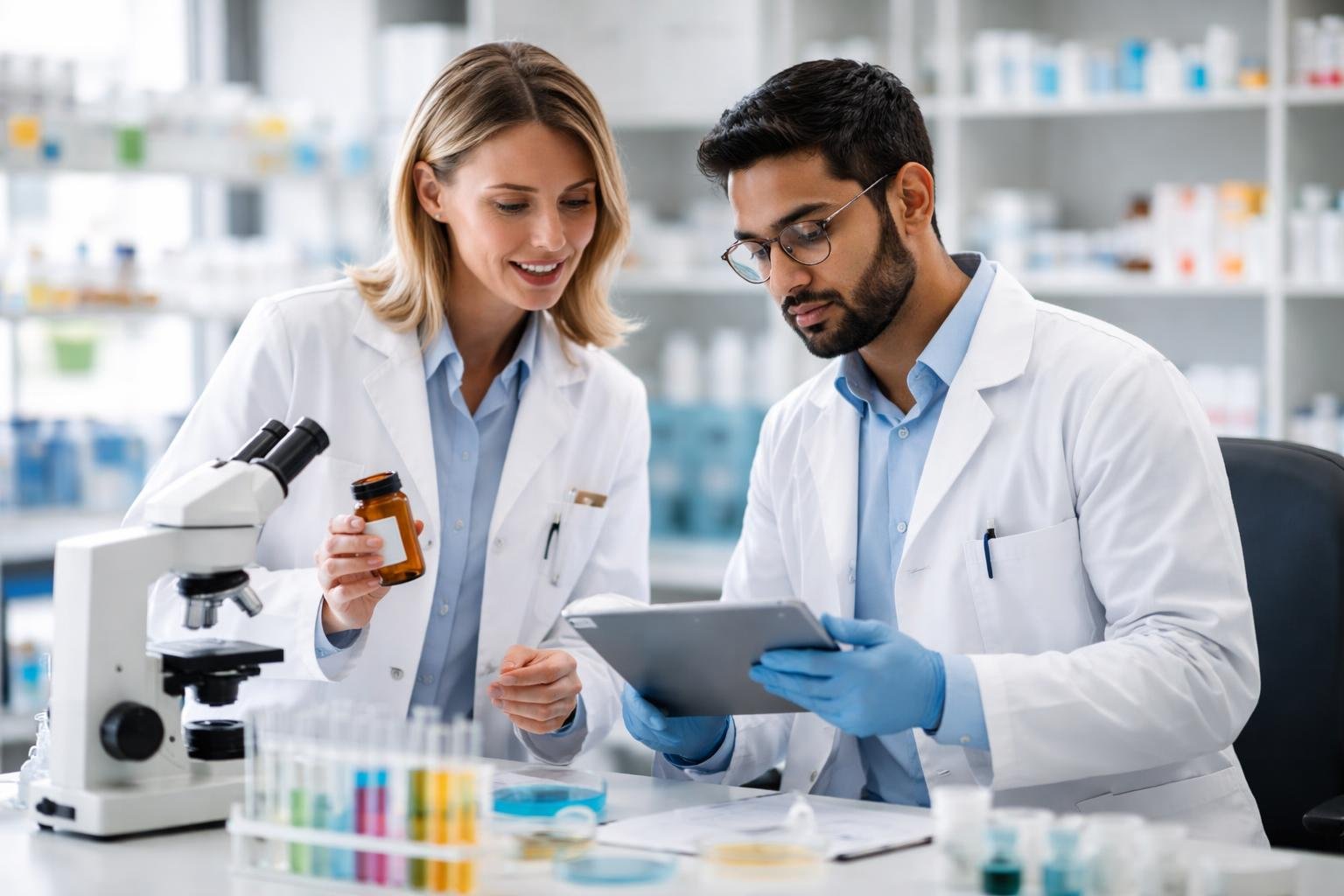 Un pharmacien et un chercheur discutent ensemble dans un laboratoire moderne, entourés d'équipements scientifiques et de médicaments.
