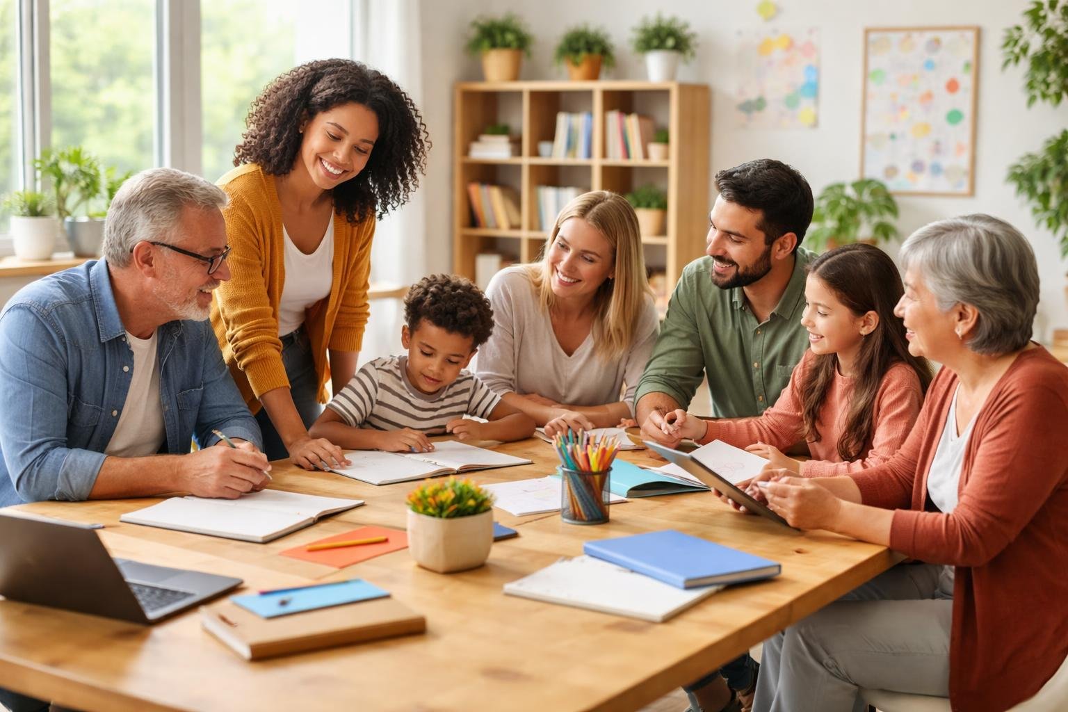 Un groupe diversifié de personnes, incluant un enseignant, un éducateur spécialisé, un médiateur et des membres de famille, réunis autour d'une table dans un espace lumineux et accueillant, en train d'apprendre ensemble.