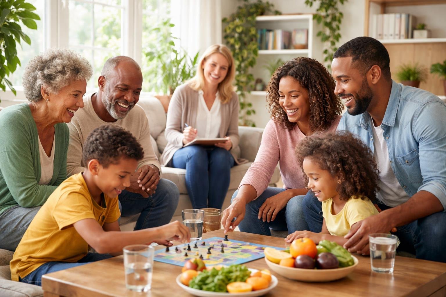Une famille diverse réunie dans un salon lumineux, partageant un moment de complicité avec un éducateur qui les accompagne.