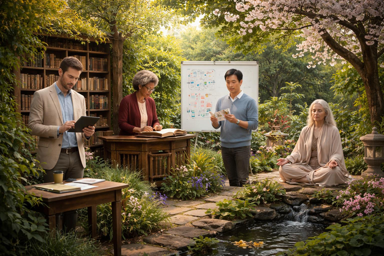 Quatre personnes dans un jardin paisible, chacune engagée dans des activités liées à l'analyse, la recherche, la mémoire et la guidance spirituelle.