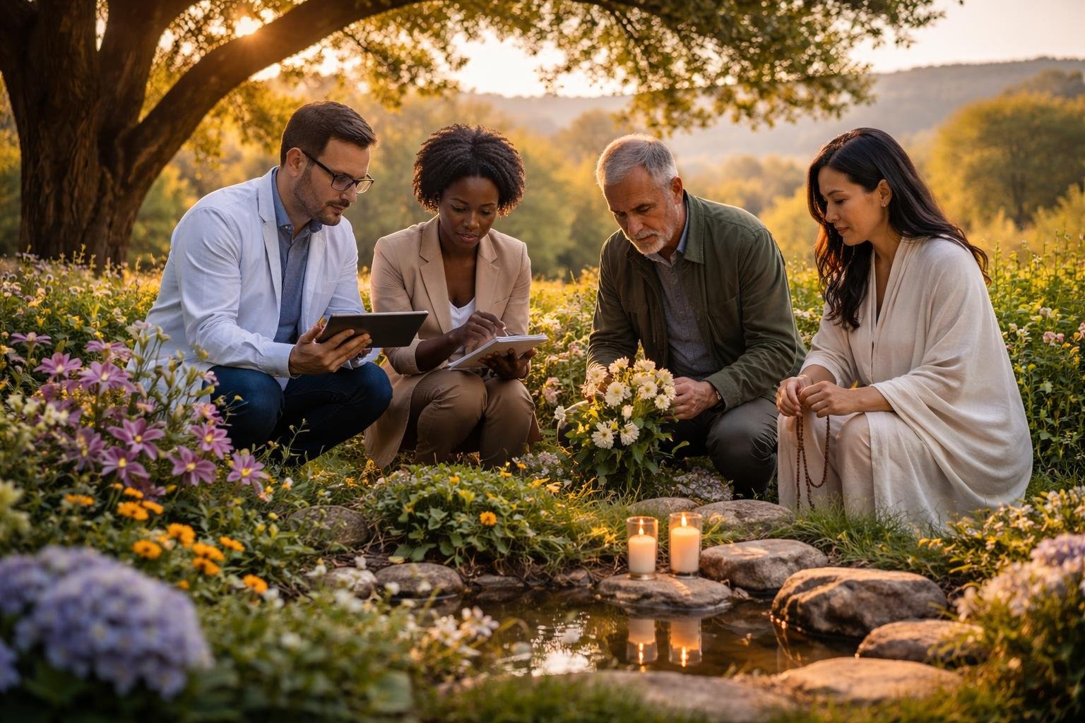 Quatre personnes réunies dans un jardin commémoratif paisible, entourées de fleurs et d'arbres, en train de réfléchir ensemble.