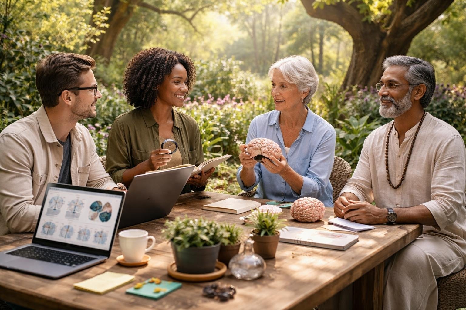 Quatre professionnels discutant dans un jardin paisible entouré de végétation luxuriante, symbolisant la collaboration interdisciplinaire autour de la mémoire et des pratiques du jardin.