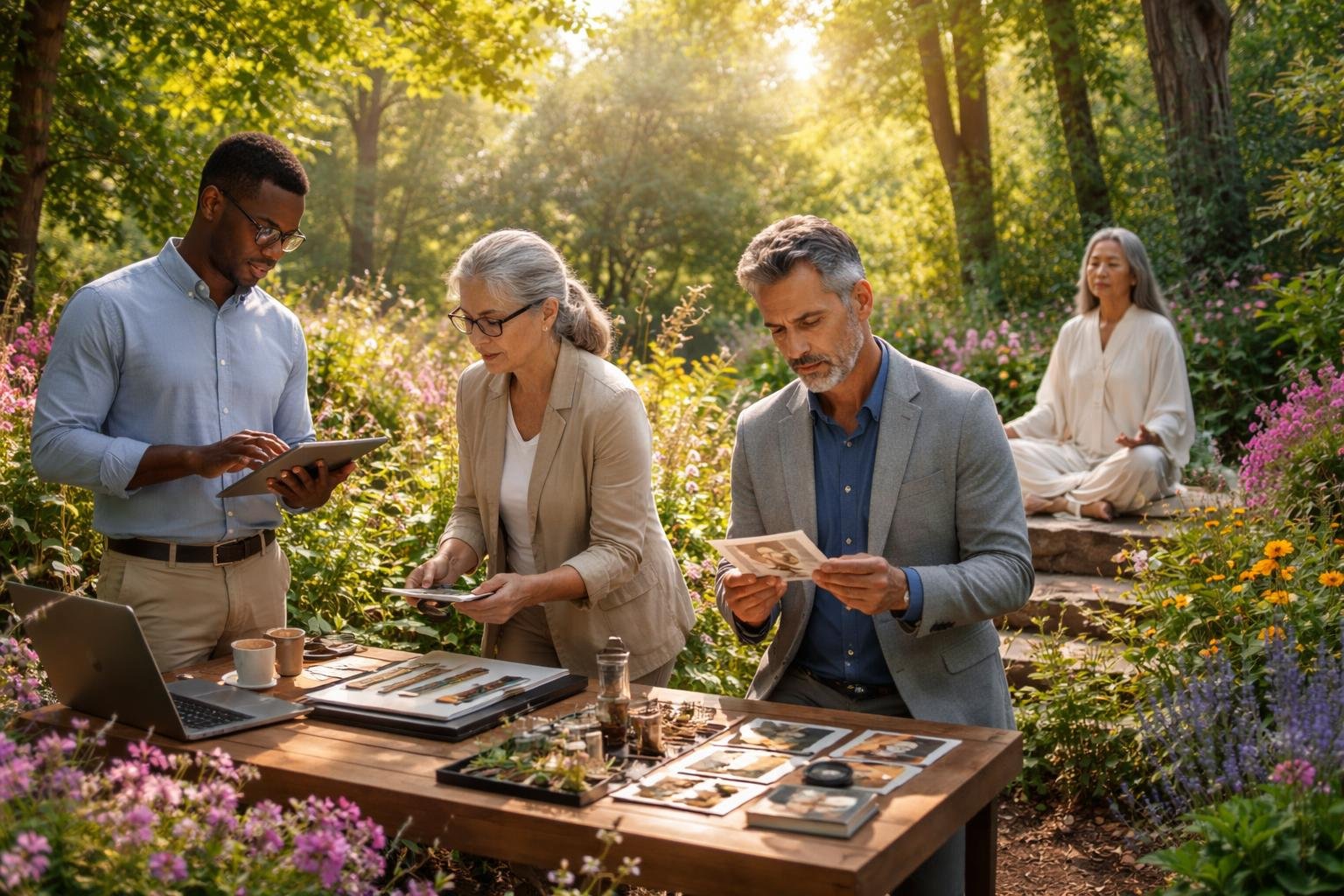 Quatre professionnels dans un jardin verdoyant, entourés de fleurs et d'arbres, en train d'observer et de réfléchir ensemble.