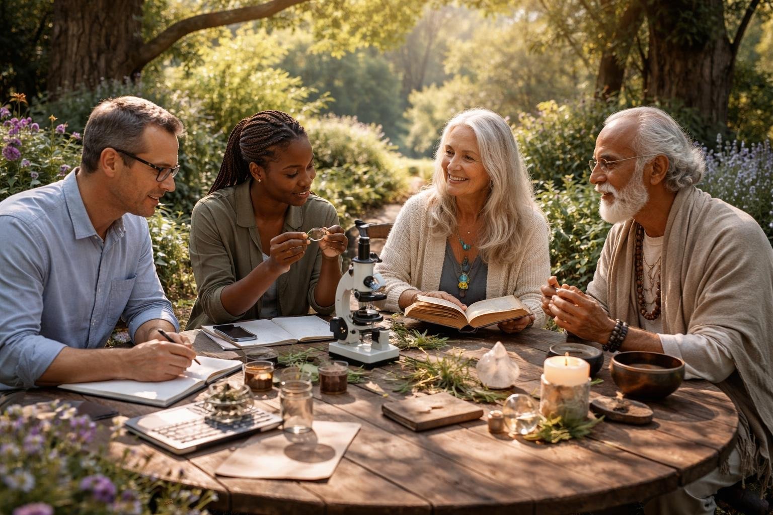 Quatre personnes dans un jardin verdoyant discutent paisiblement entourées de plantes et d’arbres anciens.