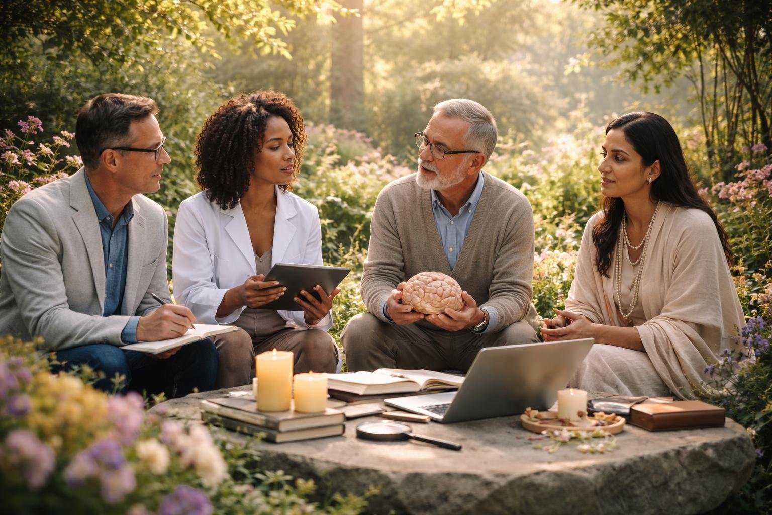 Quatre personnes discutant dans un jardin paisible entouré de plantes et de fleurs, symbolisant la mémoire et la réflexion.
