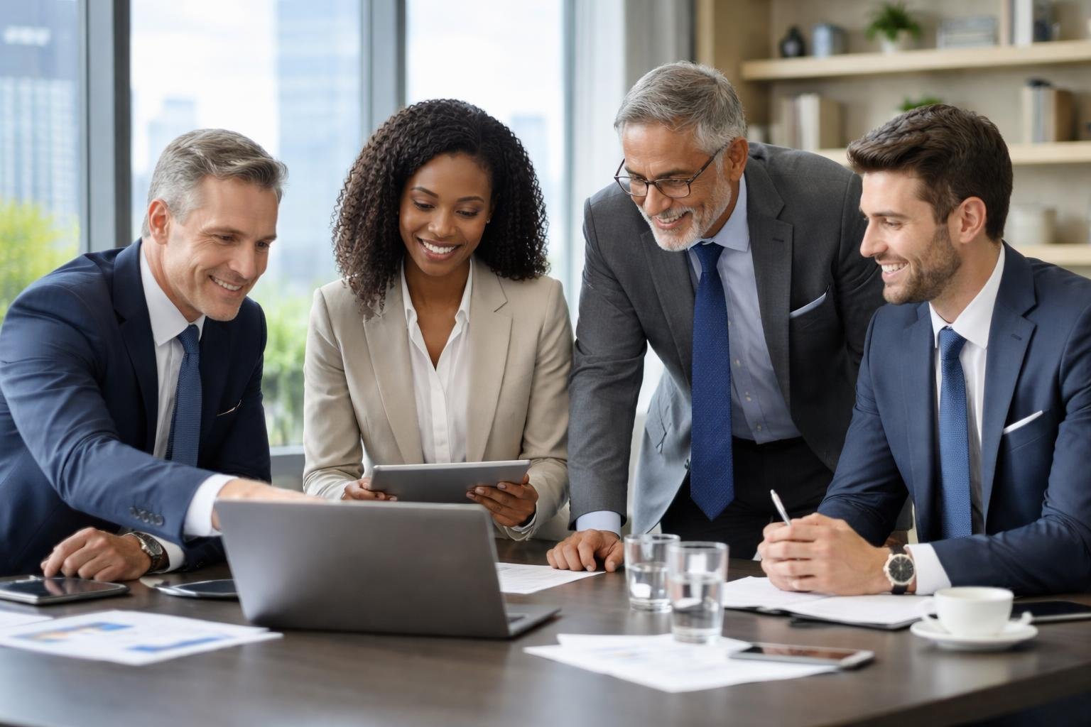 Quatre dirigeants d'entreprise discutant ensemble autour d'une table de conférence dans un bureau moderne avec une vue sur la ville.