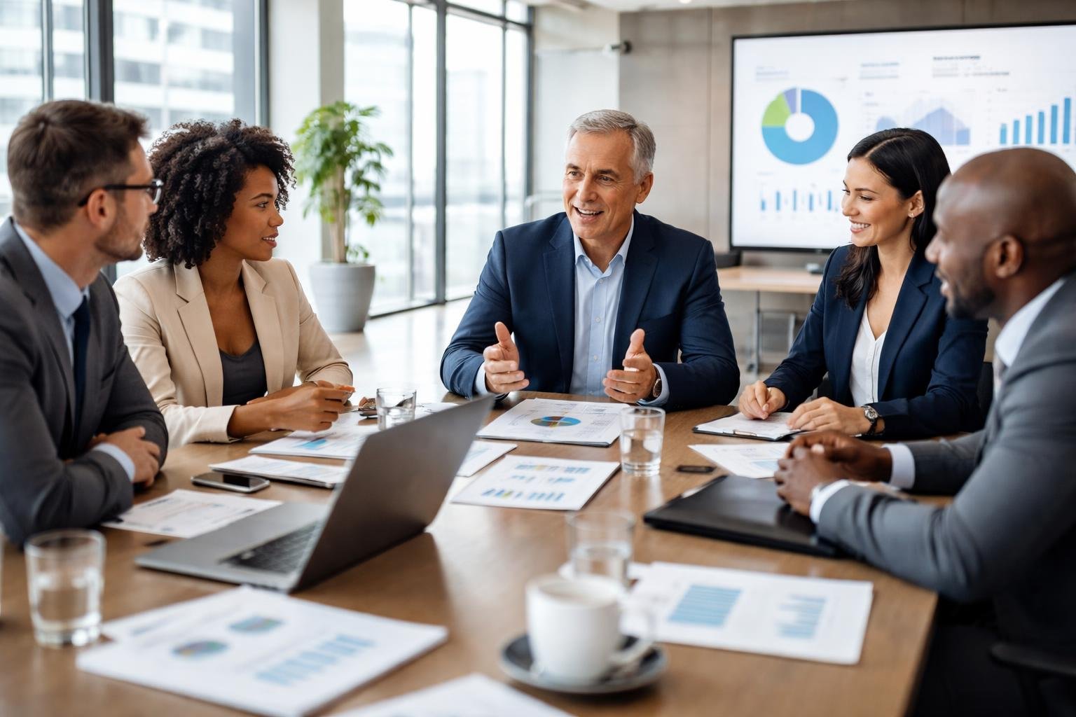 Un groupe de dirigeants d'entreprise discutant ensemble autour d'une table de réunion dans un bureau moderne.
