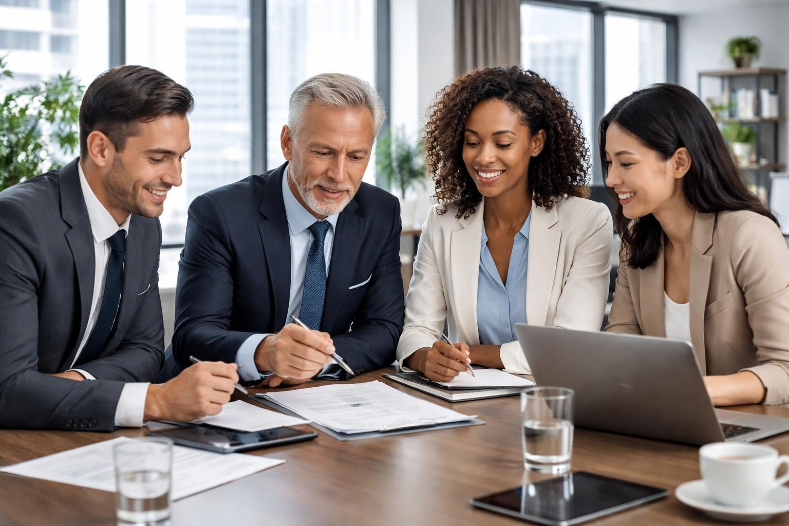 Quatre professionnels en tenue de travail discutent ensemble autour d'une table de réunion dans un bureau moderne lumineux.