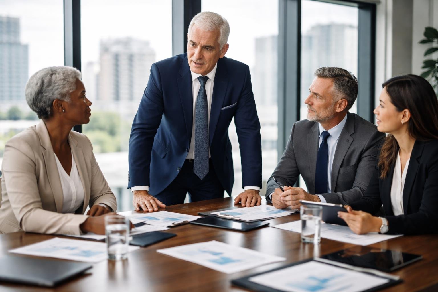 Un groupe de dirigeants d'entreprise discutant autour d'une table dans un bureau moderne.