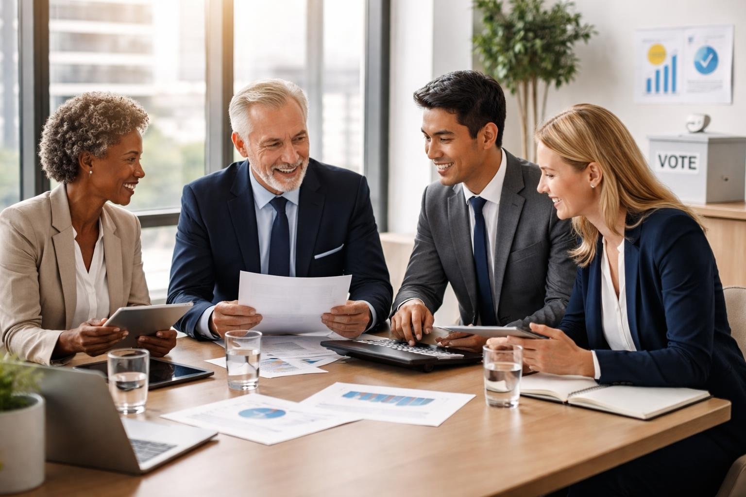 Un groupe diversifié de dirigeants d'entreprise en réunion autour d'une table de conférence moderne, discutant activement dans un bureau lumineux.