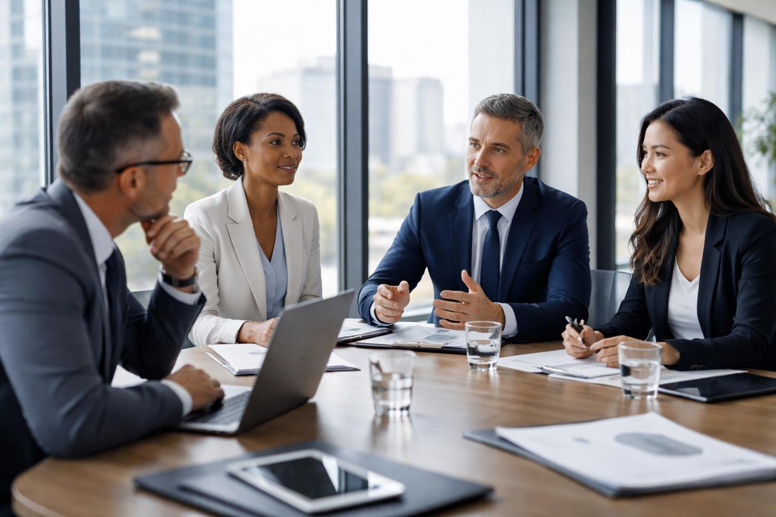 Quatre dirigeants d'entreprise discutant autour d'une table de réunion dans un bureau moderne avec vue sur la ville.