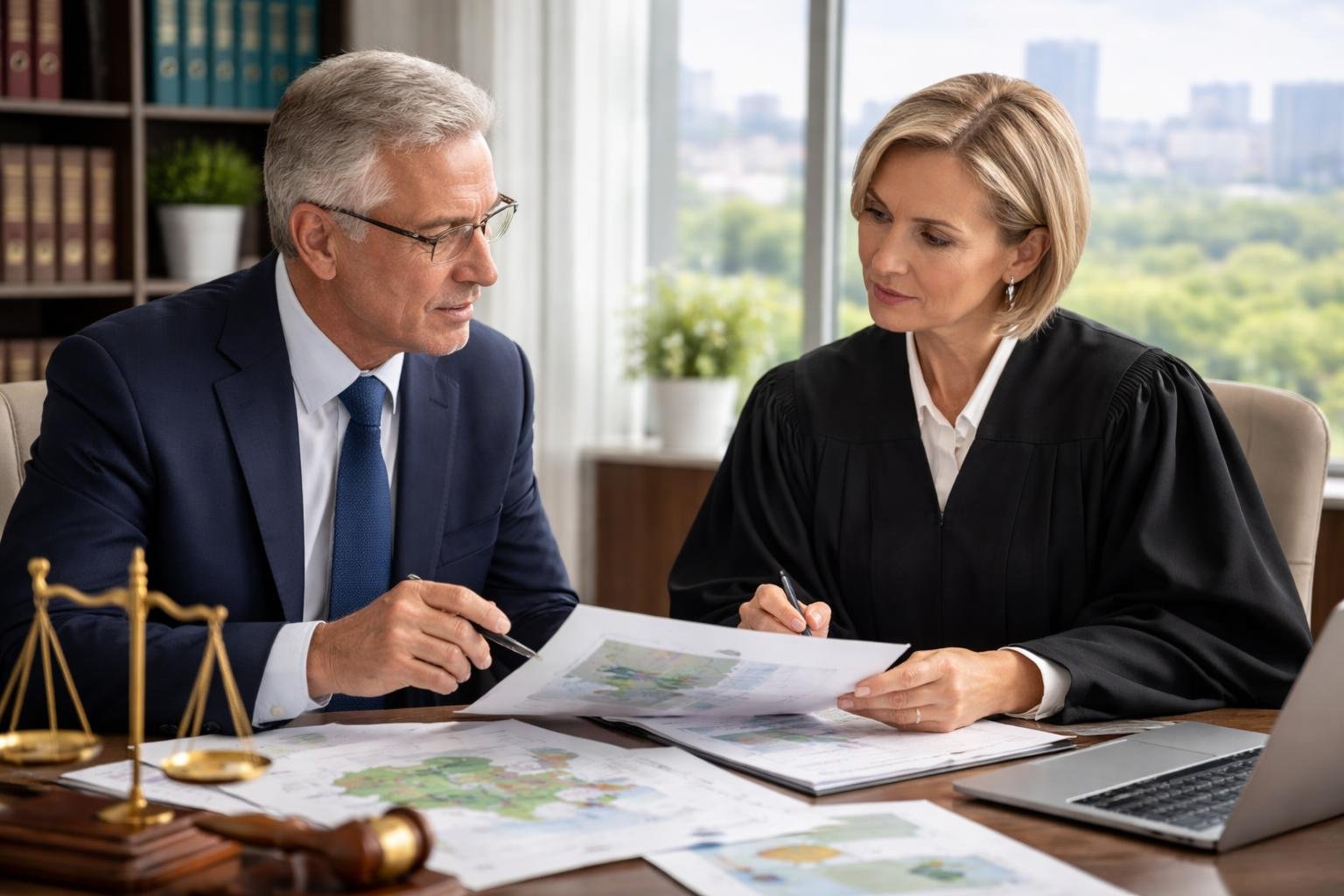 Deux professionnels en costume discutent dans un bureau moderne avec des documents, symbolisant la gestion des ressources naturelles et la loi sur le sol.