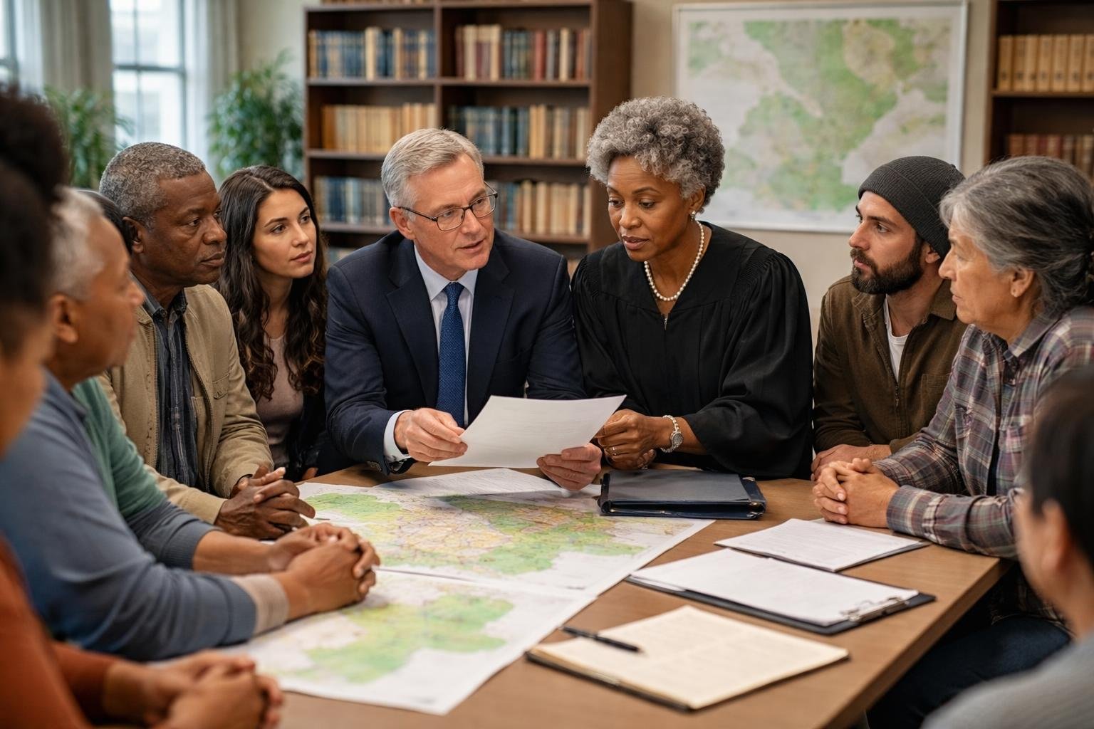 Un groupe diversifié de personnes discutant avec un haut fonctionnaire et un magistrat dans un bureau moderne, examinant des documents liés à l’accès à la terre.