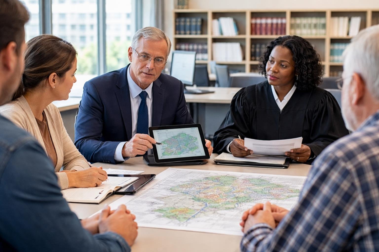 Un haut fonctionnaire et un magistrat discutent avec des citoyens autour d'une table dans un bureau gouvernemental lumineux, avec des documents et une carte de gestion foncière.