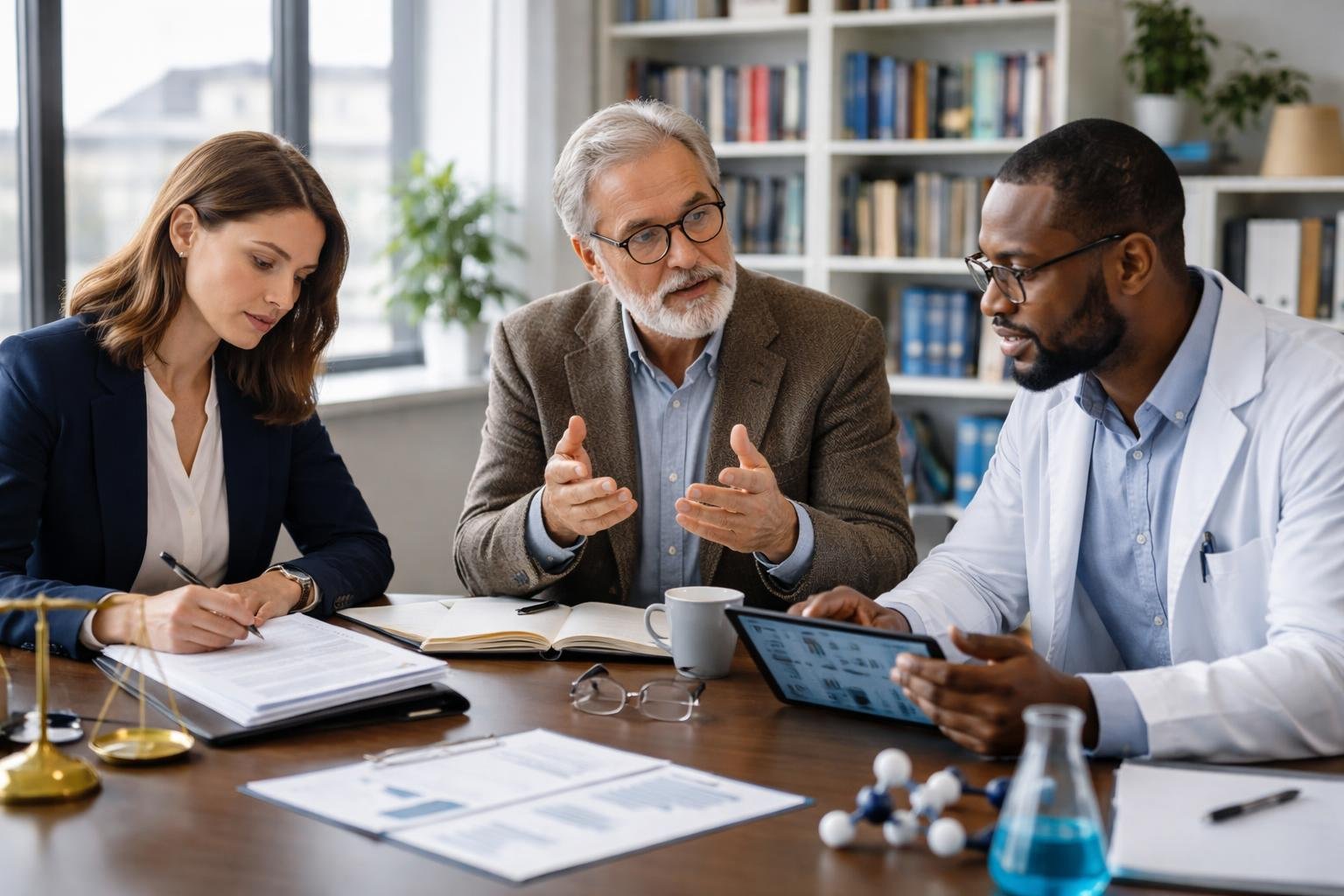 Trois professionnels discutant autour d'une table dans un bureau lumineux, un avocat, un philosophe et un scientifique engagés dans une conversation sérieuse.