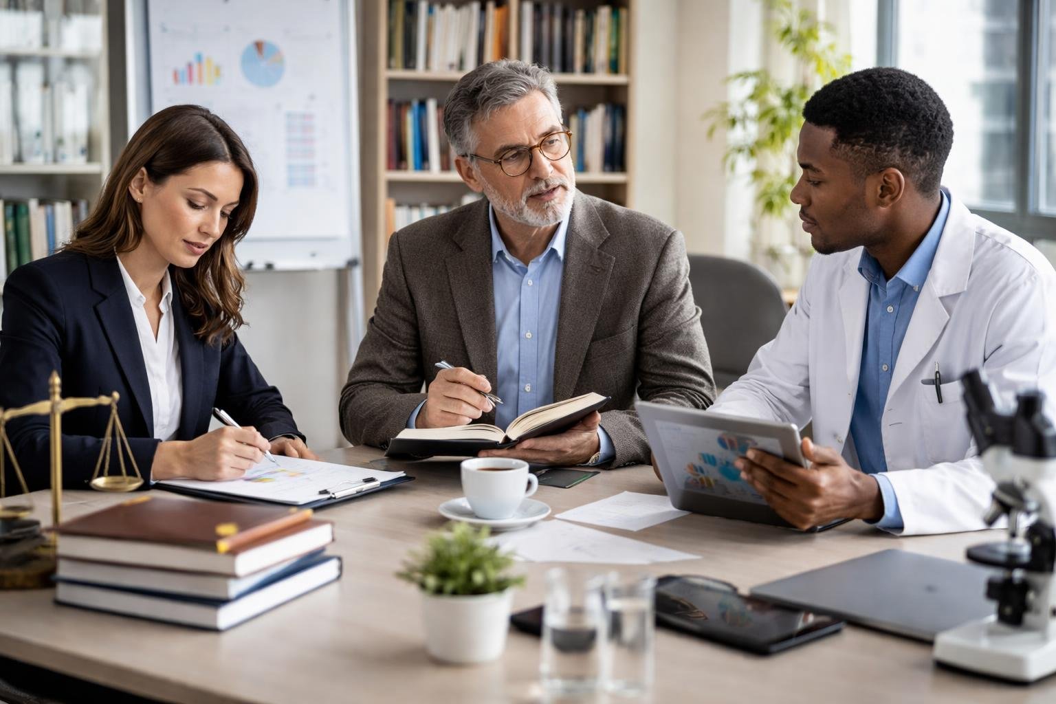 Trois experts discutant autour d'une table de conférence dans un bureau, représentant un avocat, un philosophe et un scientifique en pleine collaboration.