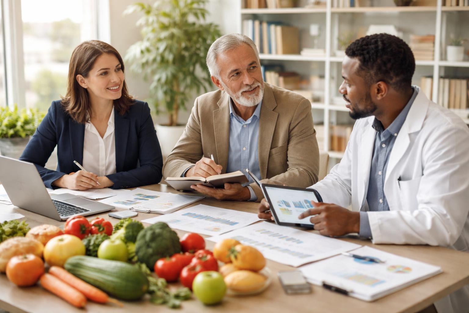 Trois professionnels discutant autour d'une table avec des documents et des aliments frais, dans un bureau moderne lumineux.