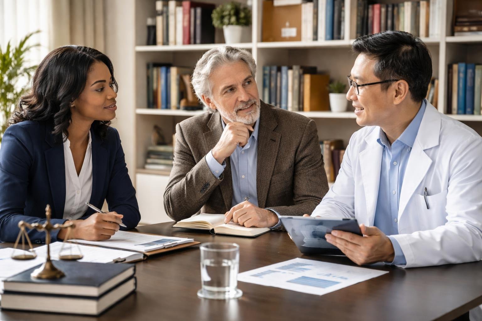Trois professionnels discutant autour d'une table dans un bureau moderne, représentant un avocat, un philosophe et un scientifique en pleine conversation.