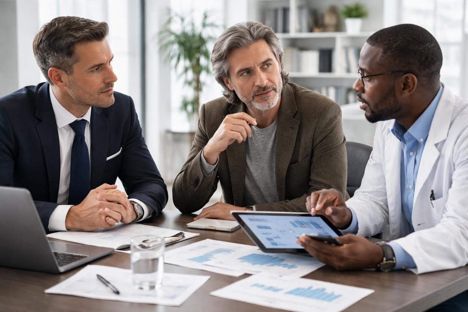 Trois professionnels discutent sérieusement autour d'une table dans une salle de conférence moderne.