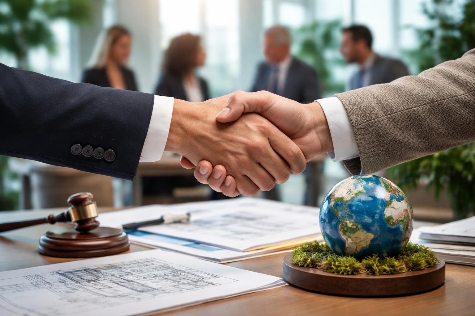 Deux mains se serrant fermement au-dessus d'une table avec des documents et un globe, symbolisant l'union entre deux fondations, avec des personnes en arrière-plan collaborant dans un bureau moderne.