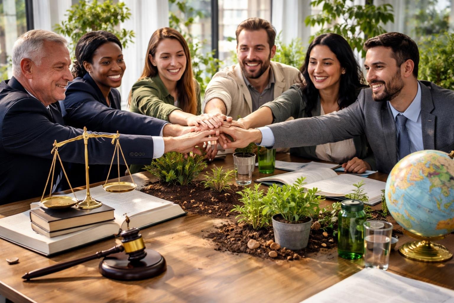 Deux groupes de personnes se serrant la main autour d'une table, symbolisant l'union entre la justice et la protection de la terre.
