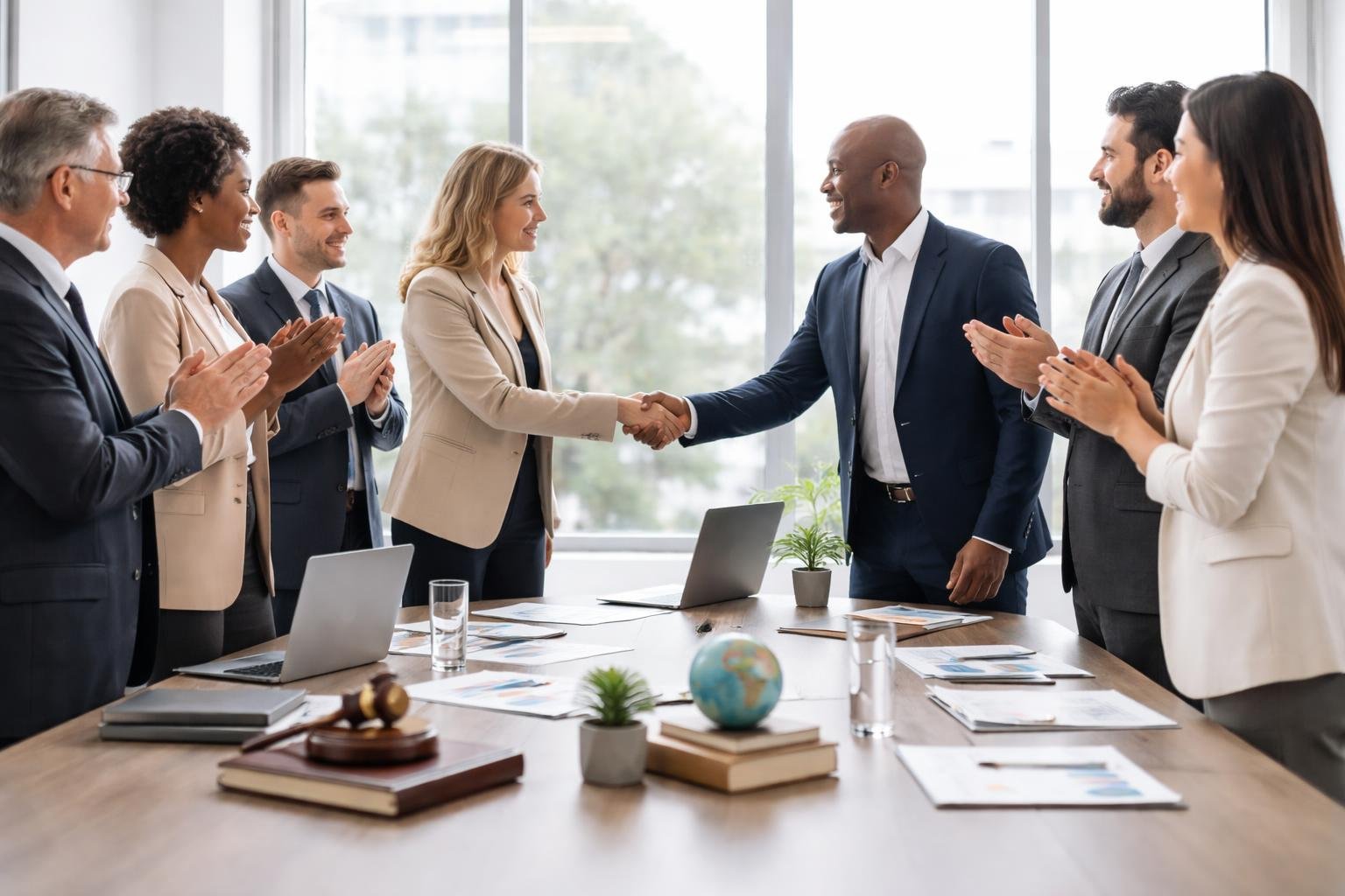 Deux groupes de professionnels se serrant la main autour d'une table de conférence pour symboliser leur union et collaboration.