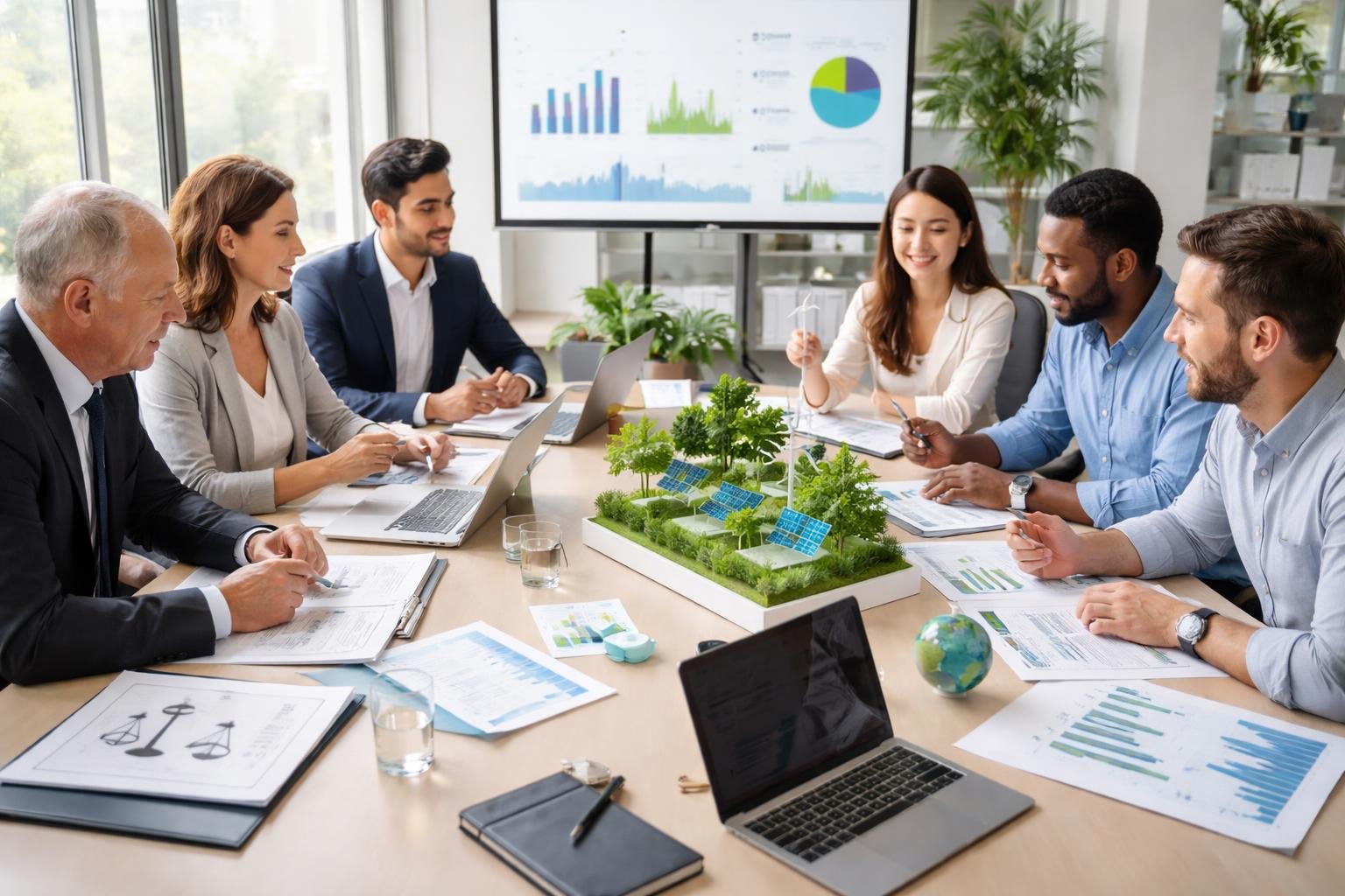 Des professionnels collaborent dans une salle de réunion lumineuse, discutant autour d'une grande table avec des documents et des modèles liés au droit et à l'environnement.