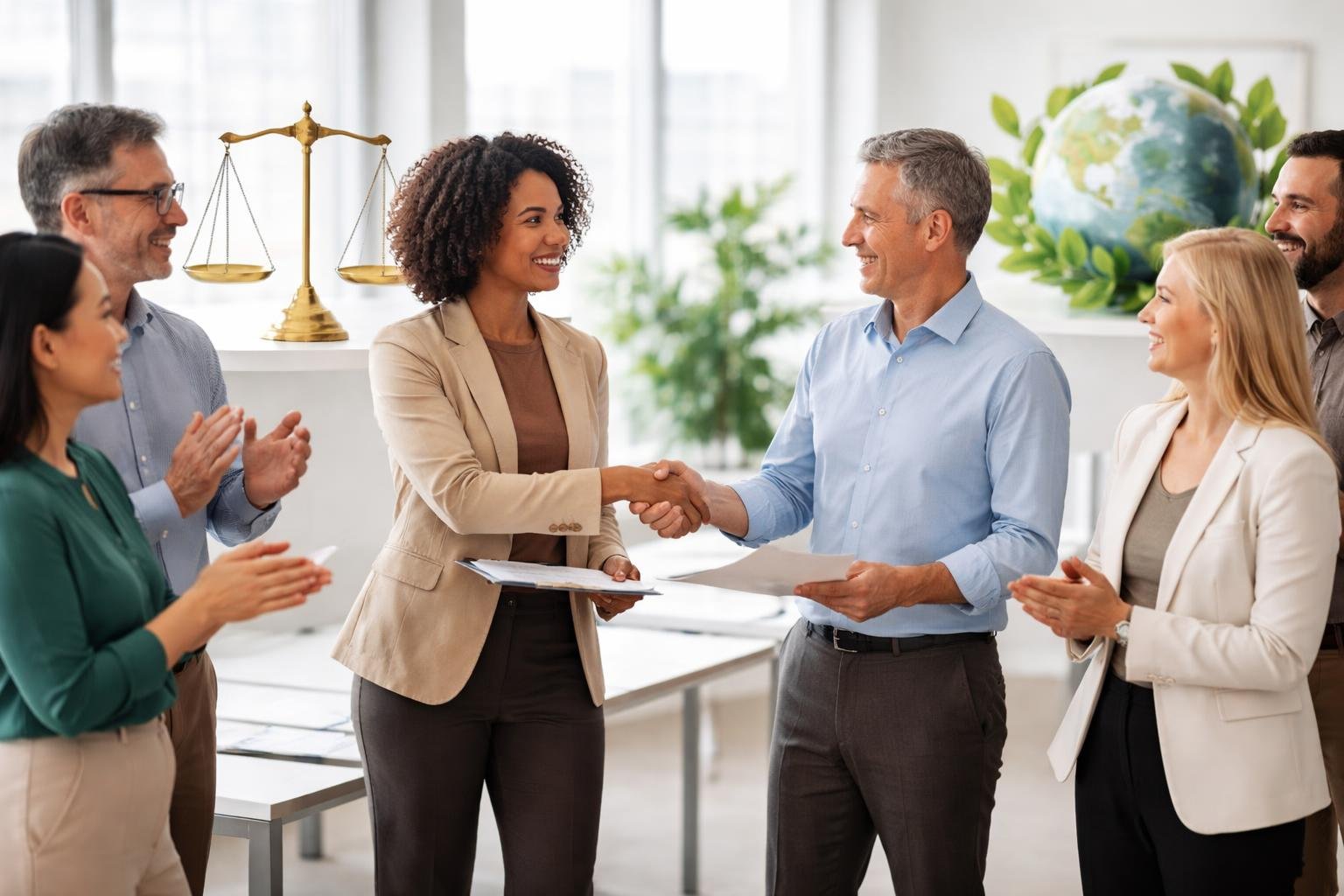 Des personnes en tenue professionnelle serrant la main dans un bureau moderne, symbolisant une collaboration entre deux fondations.