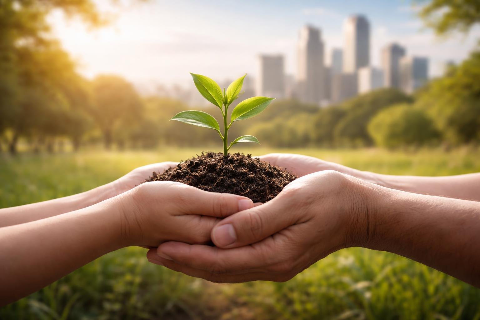 Deux mains tenant une petite plante verte avec un paysage urbain et naturel flou en arrière-plan.