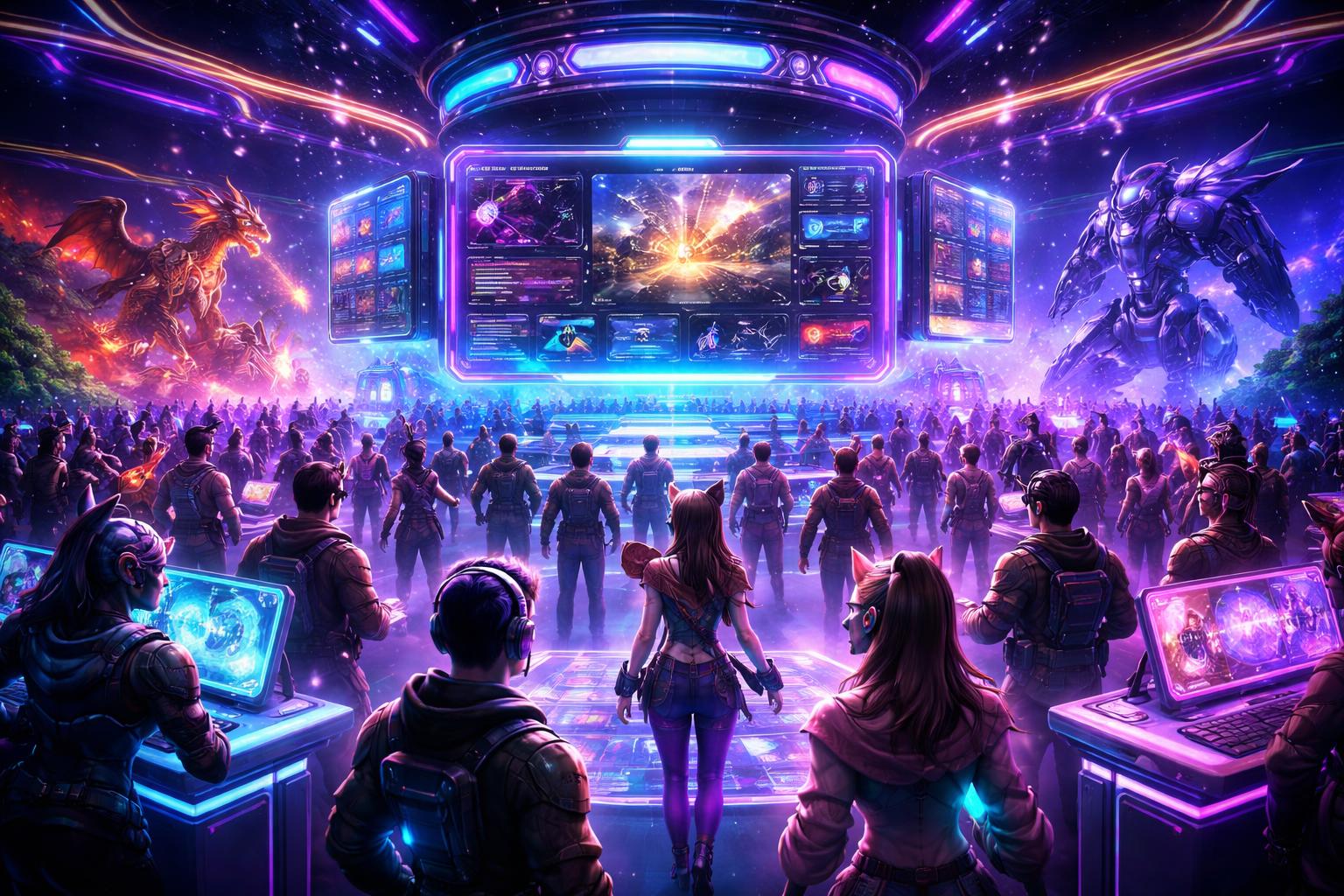 Adegan komunitas pemain game online dalam arena digital futuristik dengan avatar pemain yang berinteraksi dan berbagai elemen permainan di sekitarnya.