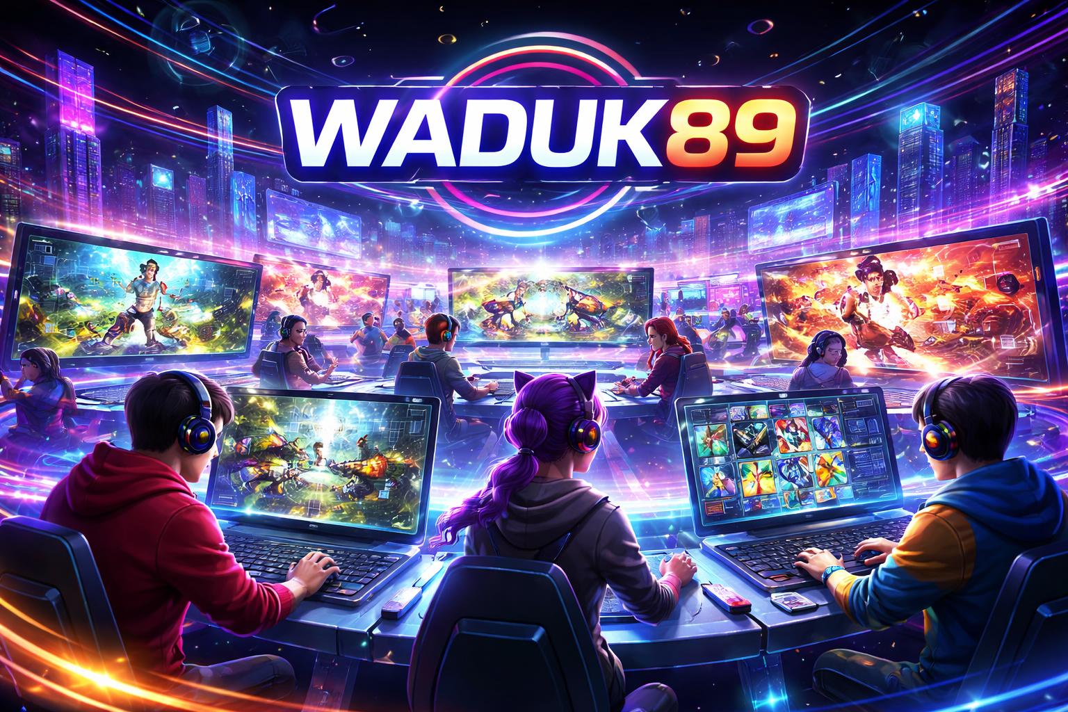 Pemandangan dunia permainan online dengan karakter pemain yang berinteraksi di arena virtual futuristik dan latar kota digital yang bercahaya.