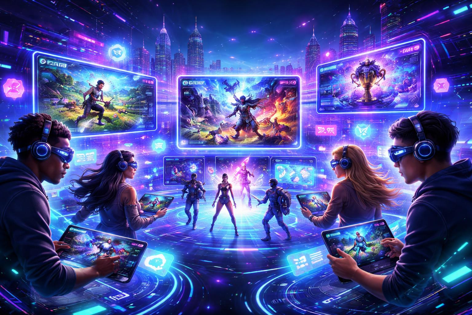 Pemandangan futuristik dengan pemain game online yang berinteraksi dalam dunia digital yang penuh warna dan teknologi canggih.